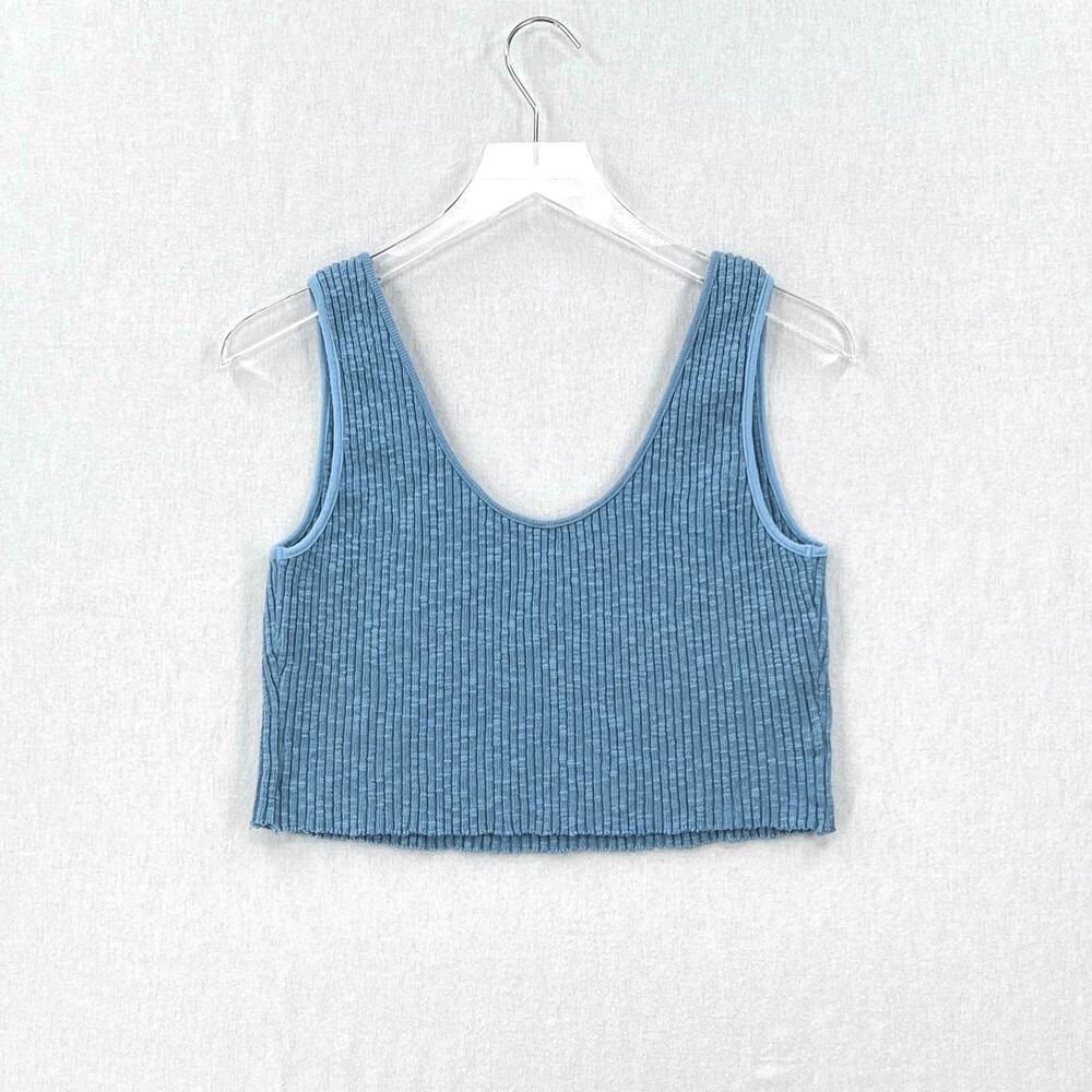 ENZA COSTA Rib Sweater Knit Cropped Tank Womens Medium Blue Stretch Wide Strap - Picture 2 of 13